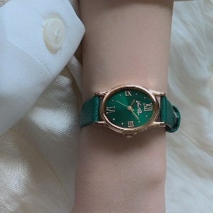 [벤앤쿠 Ven&amp;Qu] Gem-Rosegold/Emerald (Green Saffiano leather) 여성 가죽시계 23*27mm